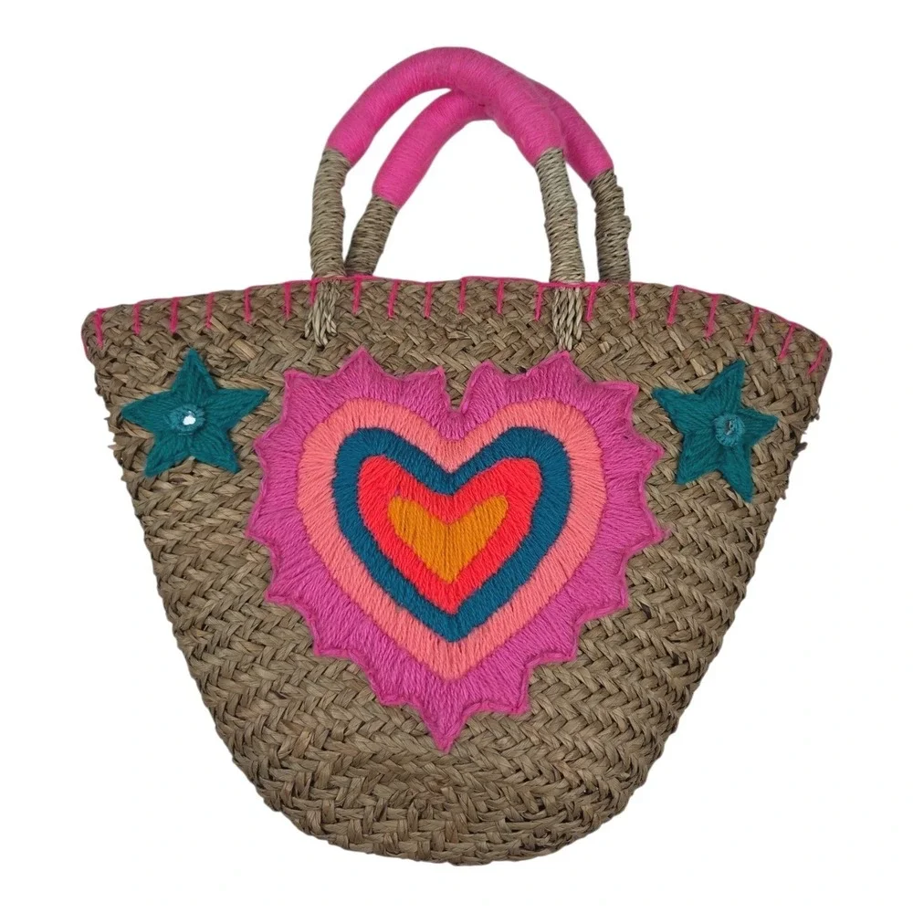 Handmade Straw Heart Medium Tote Bag Pink Boho Beachy Woven Summer Purse